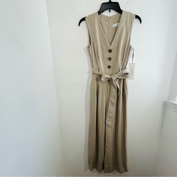 NWT Calvin Klein Khaki Linen Blend Wide Leg Button Front Sleeveless Jumpsuit 2 - Picture 2 of 15